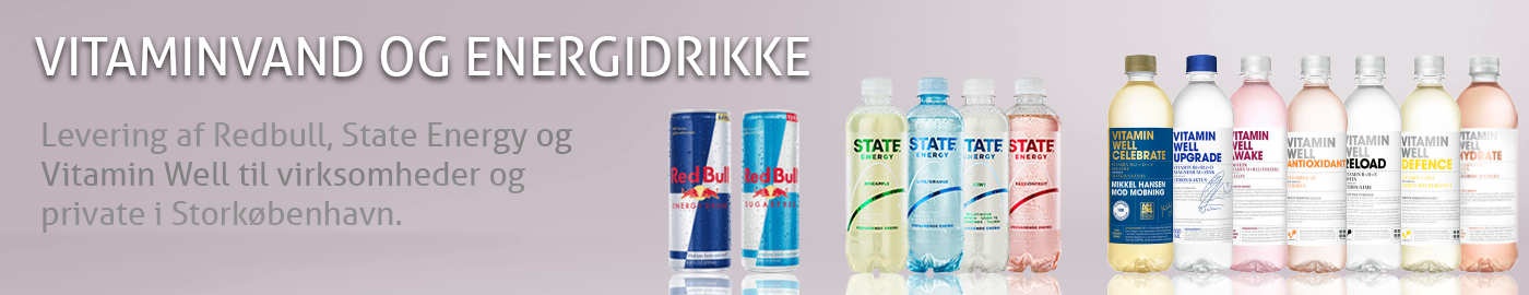 Redbull, State Energy og Vitamin Well energidrik og vitaminvand sælges og leveres