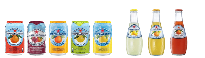 San Pellegrino sodavand dåse og glasflaske